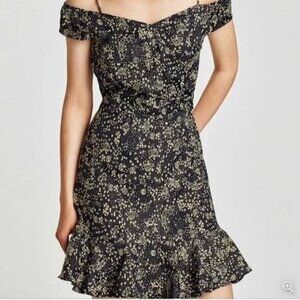 ZARA BASIC Z1975 Denim Off the Shoulder Dress Navy Blue w/ cream Floral Print
